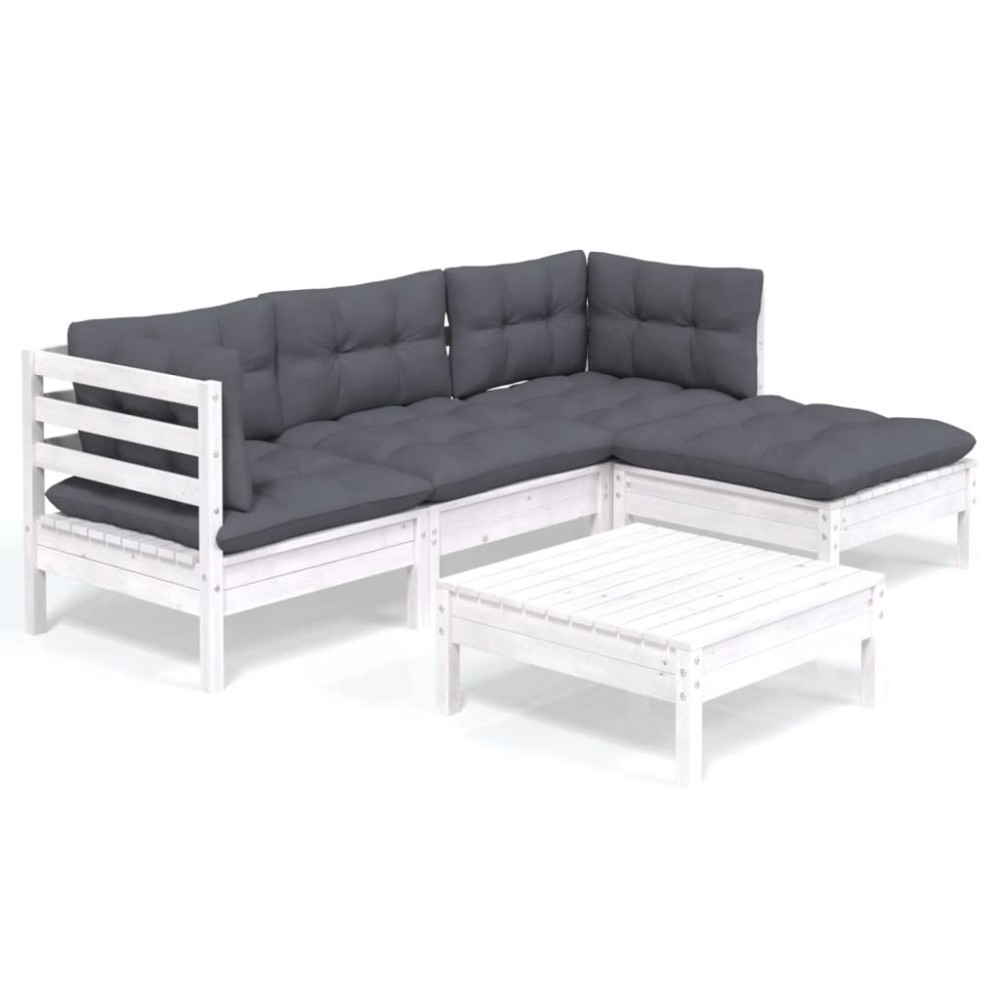 vidaXL Set mobilier grădină cu perne, 5 piese, alb, lemn de pin