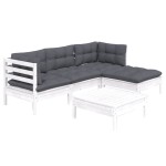 vidaXL Set mobilier grădină cu perne, 5 piese, alb, lemn de pin