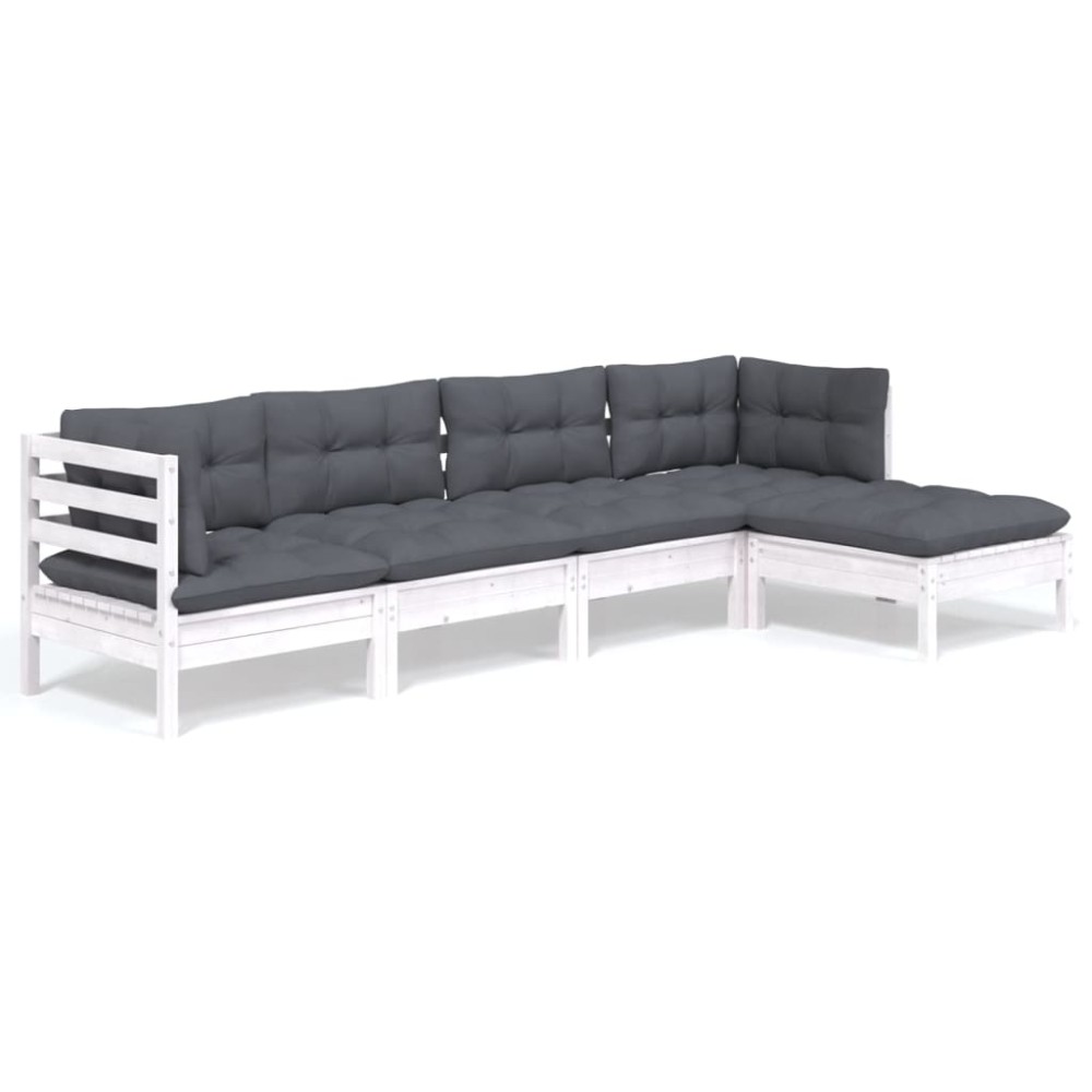vidaXL Set mobilier grădină cu perne, 5 piese, alb, lemn de pin