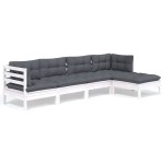 vidaXL Set mobilier grădină cu perne, 5 piese, alb, lemn de pin