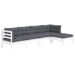 vidaXL Set mobilier grădină cu perne, 5 piese, alb, lemn de pin