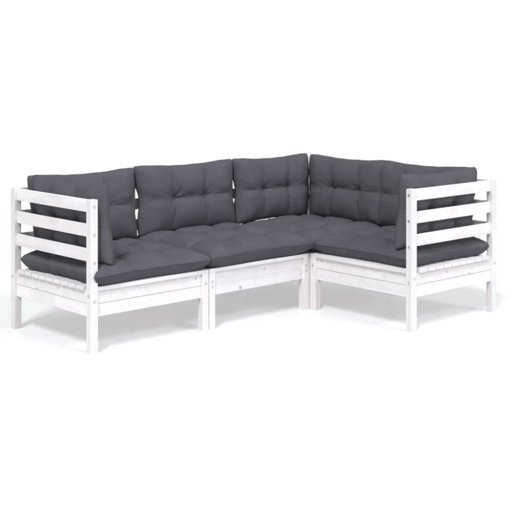 vidaXL Set mobilier grădină cu perne, 4 piese, alb, lemn de pin