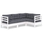 vidaXL Set mobilier grădină cu perne, 4 piese, alb, lemn de pin