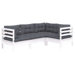vidaXL Set mobilier grădină cu perne, 4 piese, alb, lemn de pin