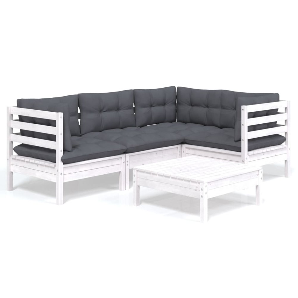vidaXL Set mobilier grădină cu perne, 5 piese, alb, lemn de pin