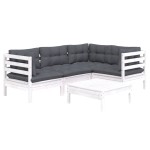 vidaXL Set mobilier grădină cu perne, 5 piese, alb, lemn de pin