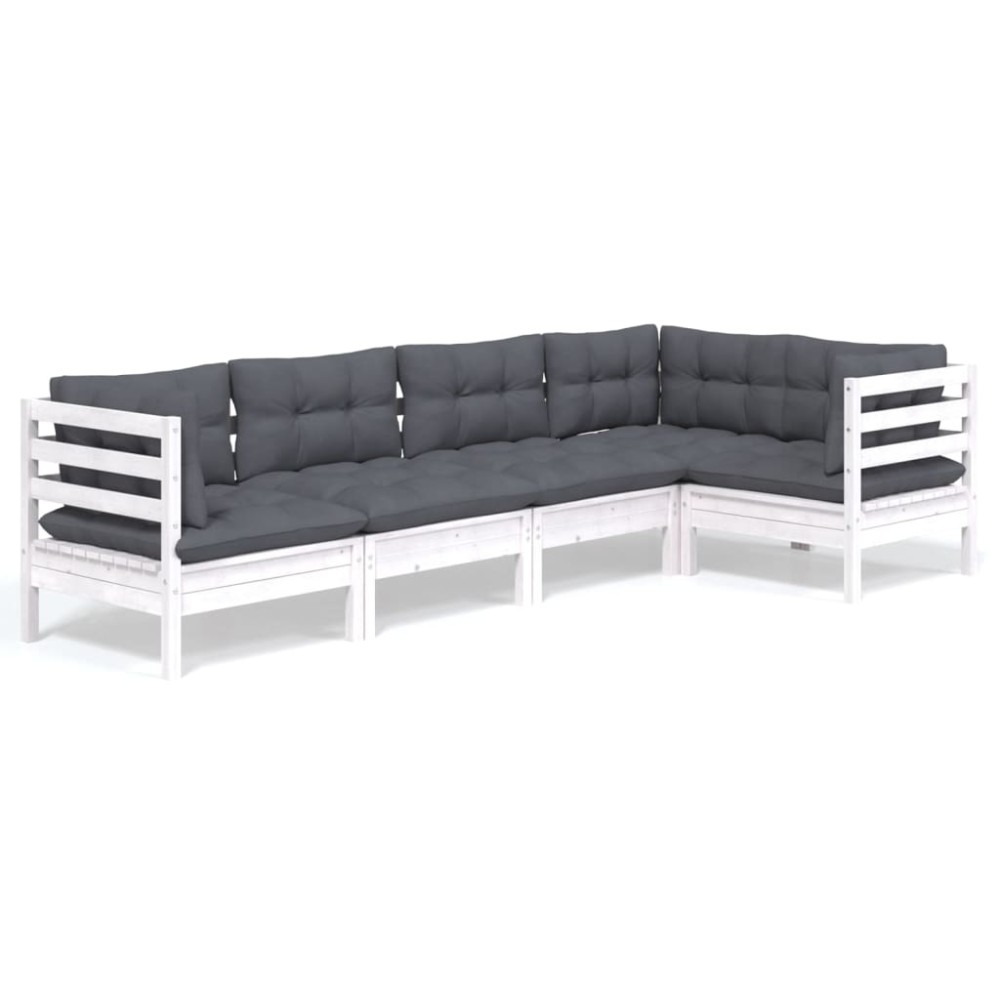 vidaXL Set mobilier grădină cu perne, 5 piese, alb, lemn de pin