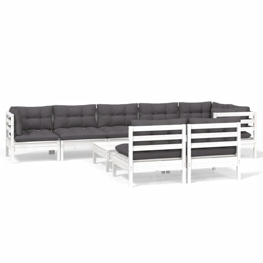 vidaXL Set mobilier grădină cu perne, 9 piese, alb, lemn masiv pin