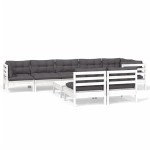 vidaXL Set mobilier grădină cu perne, 9 piese, alb, lemn masiv pin