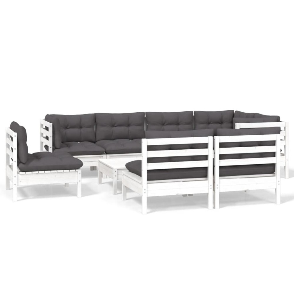 vidaXL Set mobilier grădină cu perne, 9 piese, alb, lemn masiv pin
