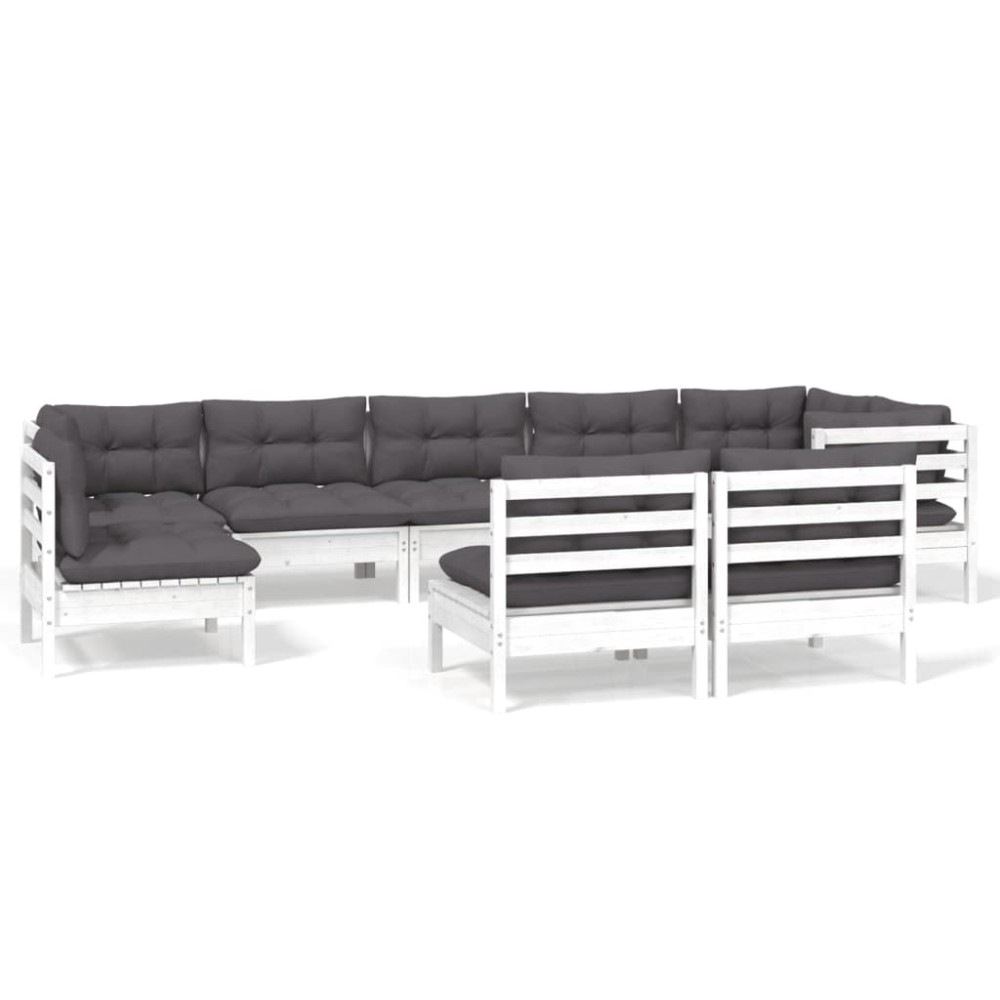 vidaXL Set mobilier de grădină cu perne, 9 piese, alb, lemn masiv pin
