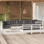 vidaXL Set mobilier de grădină cu perne, 9 piese, alb, lemn masiv pin vidaXL Set mobilier de grădină cu perne, 9 piese, alb, lemn masiv pin