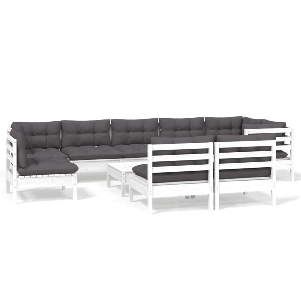 vidaXL Set mobilier grădină cu perne, 10 piese, alb, lemn masiv pin