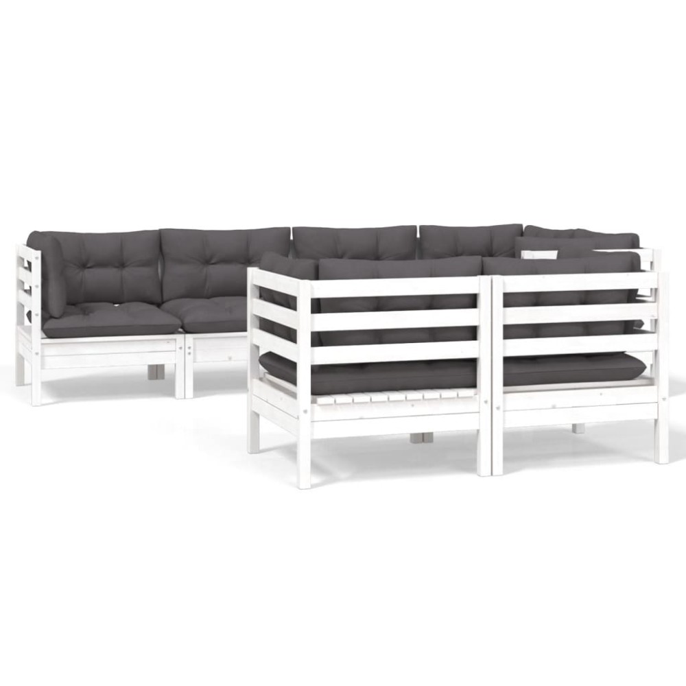 vidaXL Set mobilier grădină cu perne, 7 piese, alb, lemn masiv de pin