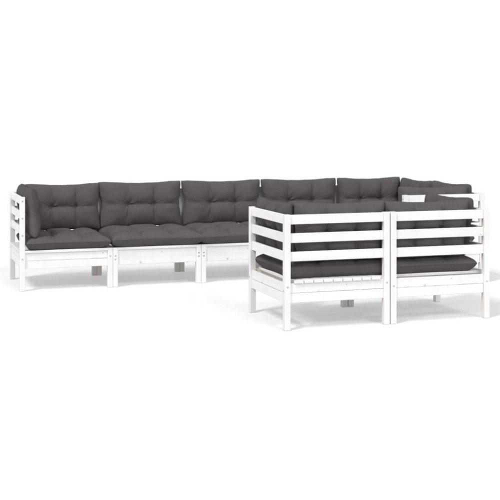 vidaXL Set mobilier de grădină cu perne, 8 piese, alb, lemn masiv pin