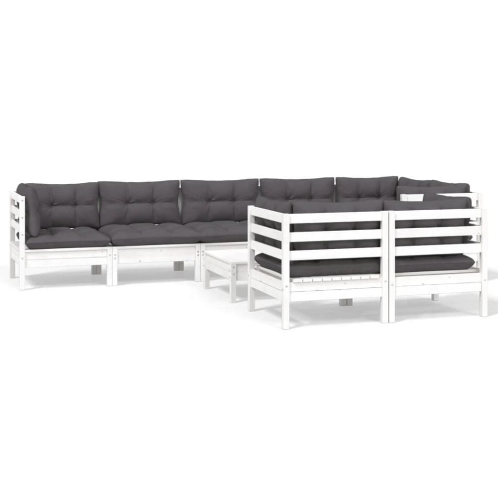 vidaXL Set mobilier grădină cu perne, 9 piese, alb, lemn masiv pin