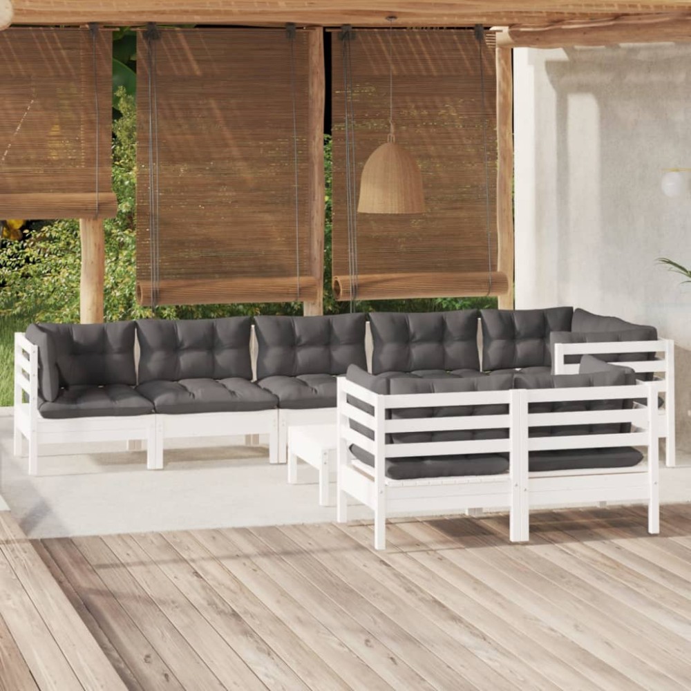 vidaXL Set mobilier grădină cu perne, 9 piese, alb, lemn masiv pin