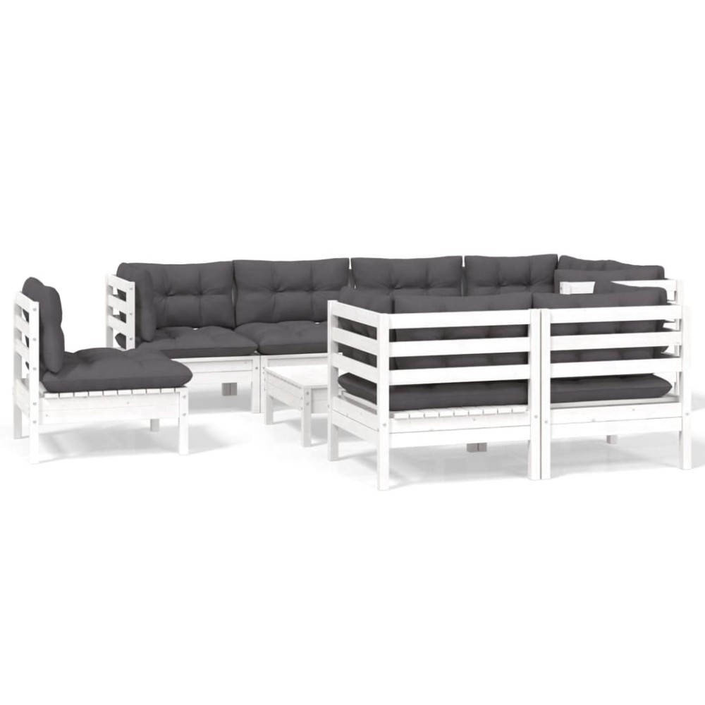 vidaXL Set mobilier grădină cu perne, 9 piese, alb, lemn masiv pin
