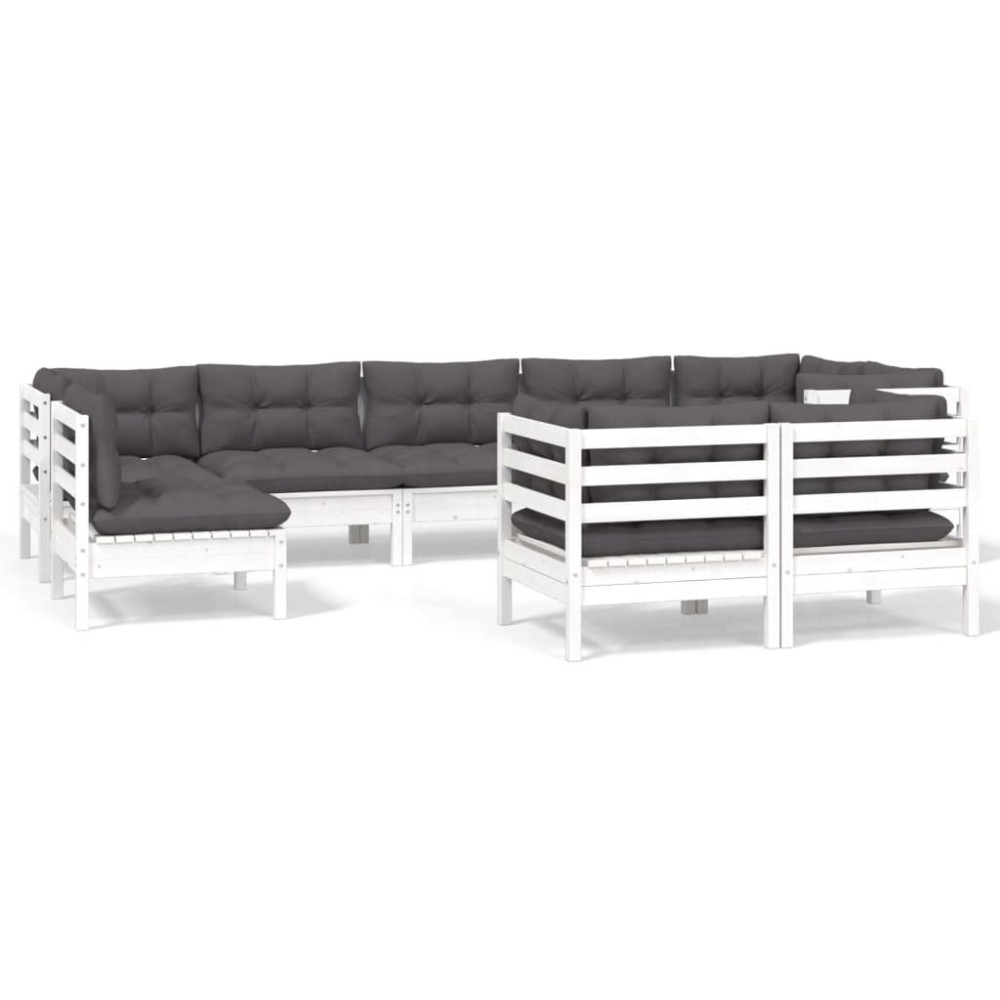 vidaXL Set mobilier de grădină cu perne, 9 piese, alb, lemn masiv pin