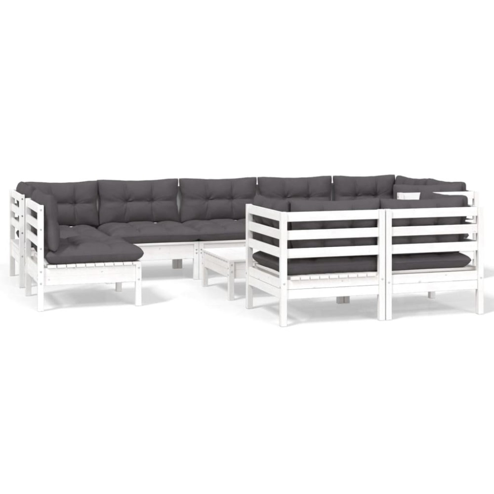vidaXL Set mobilier grădină cu perne, 10 piese, alb, lemn masiv pin