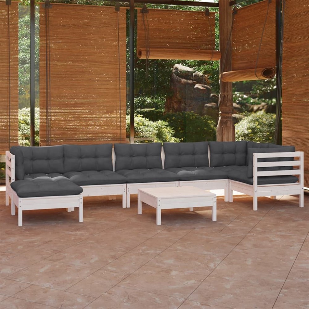 vidaXL Set mobilier de grădină cu perne, 8 piese, alb, lemn masiv pin