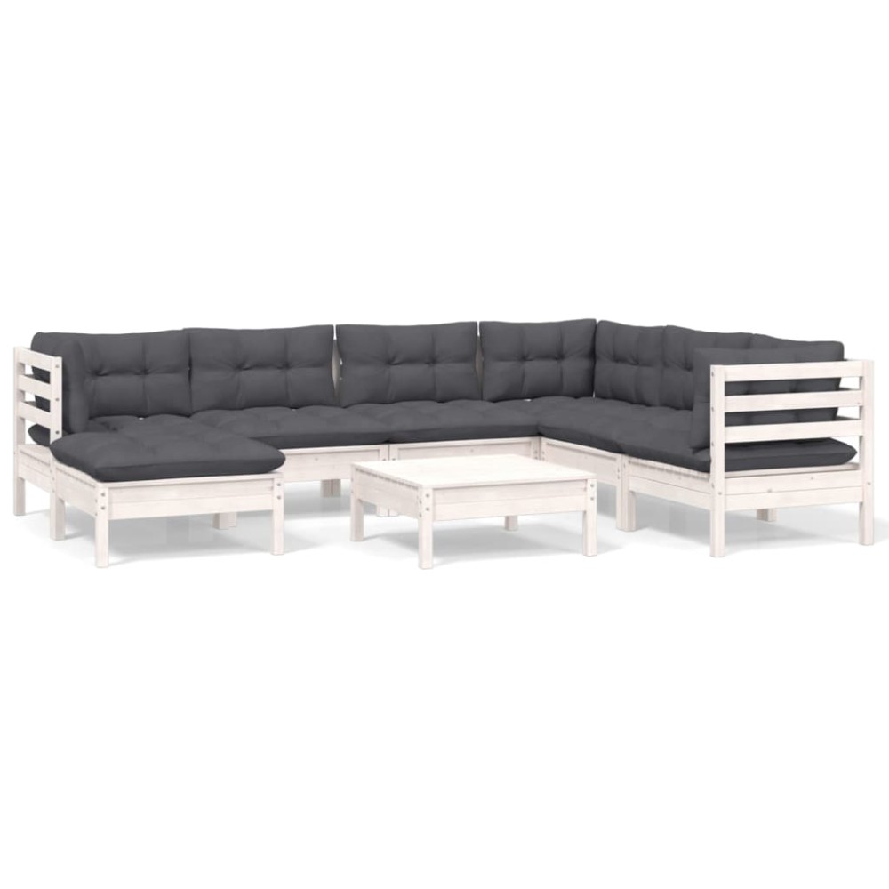 vidaXL Set mobilier de grădină cu perne, 8 piese, alb, lemn masiv pin