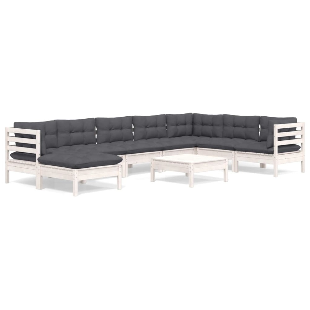 vidaXL Set mobilier de grădină cu perne, 9 piese, alb, lemn masiv pin