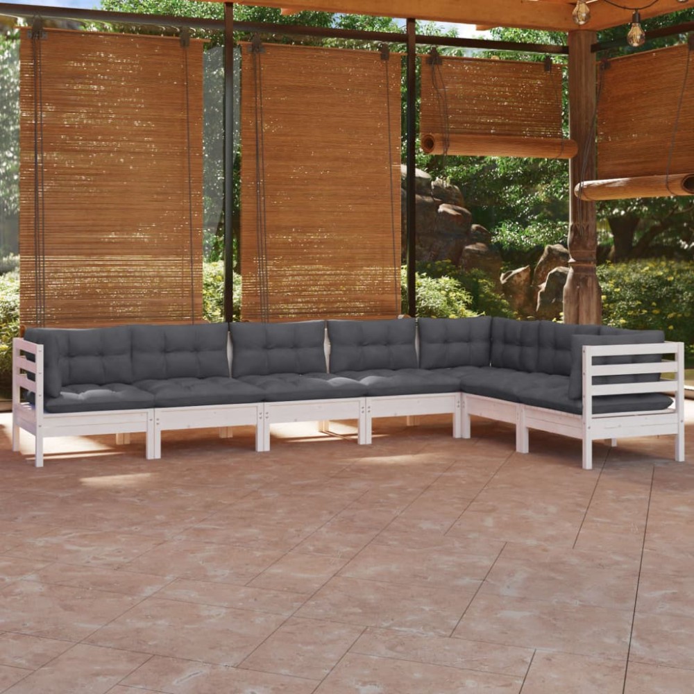 vidaXL Set mobilier grădină cu perne, 7 piese, alb, lemn masiv de pin