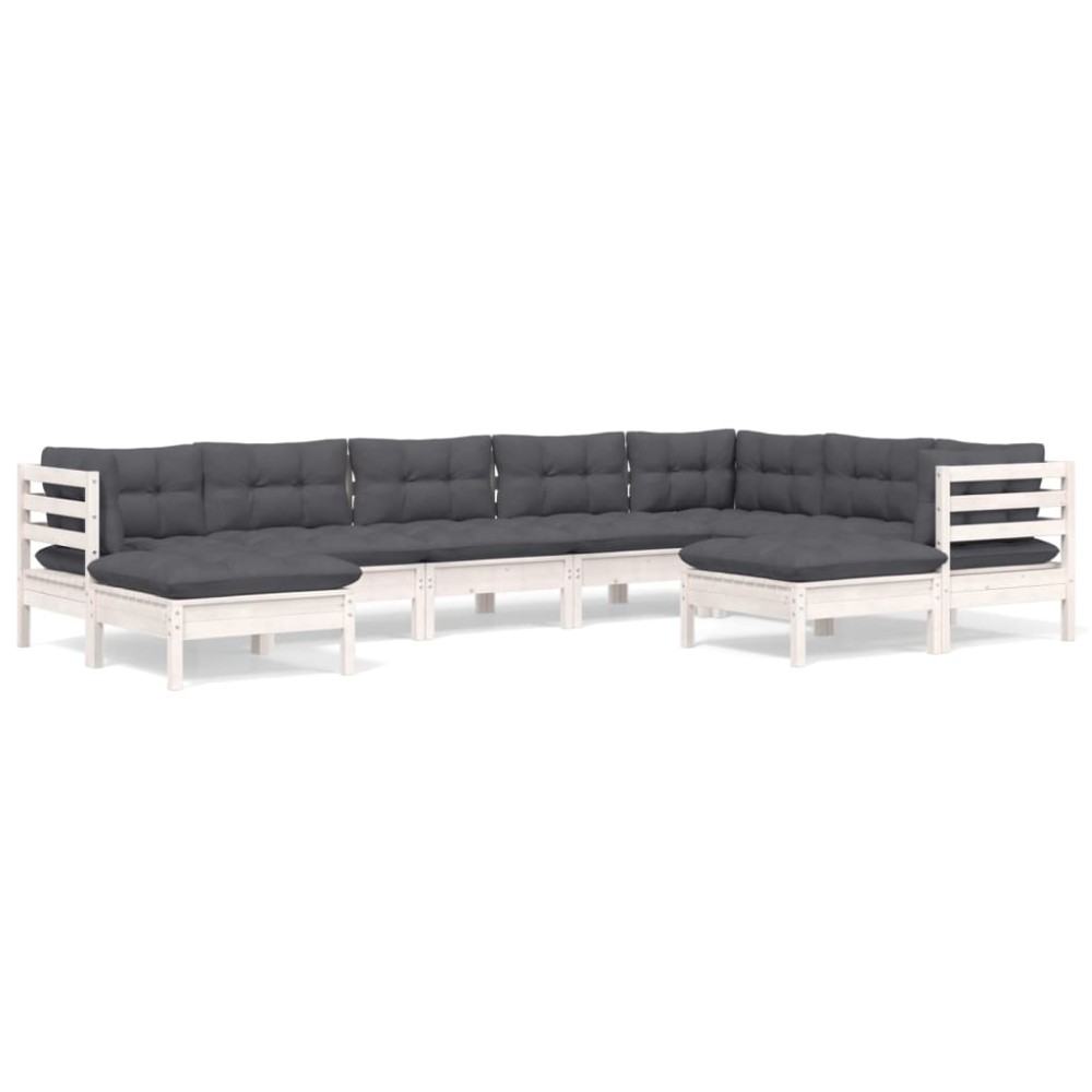 vidaXL Set mobilier de grădină cu perne, 9 piese, alb, lemn masiv pin