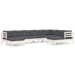 vidaXL Set mobilier de grădină cu perne, 9 piese, alb, lemn masiv pin