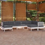 vidaXL Set mobilier de grădină cu perne, 9 piese, alb, lemn masiv pin