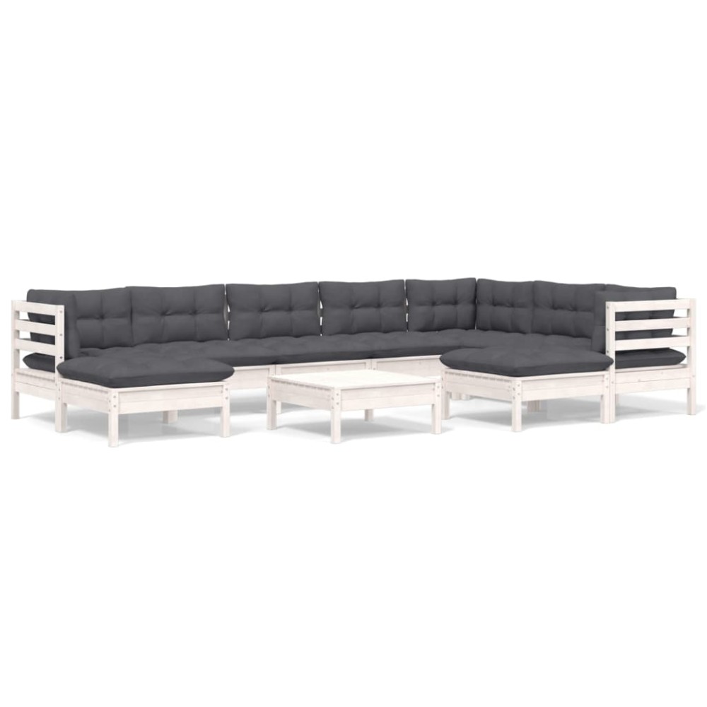 vidaXL Set mobilier grădină cu perne, 10 piese, alb, lemn masiv pin