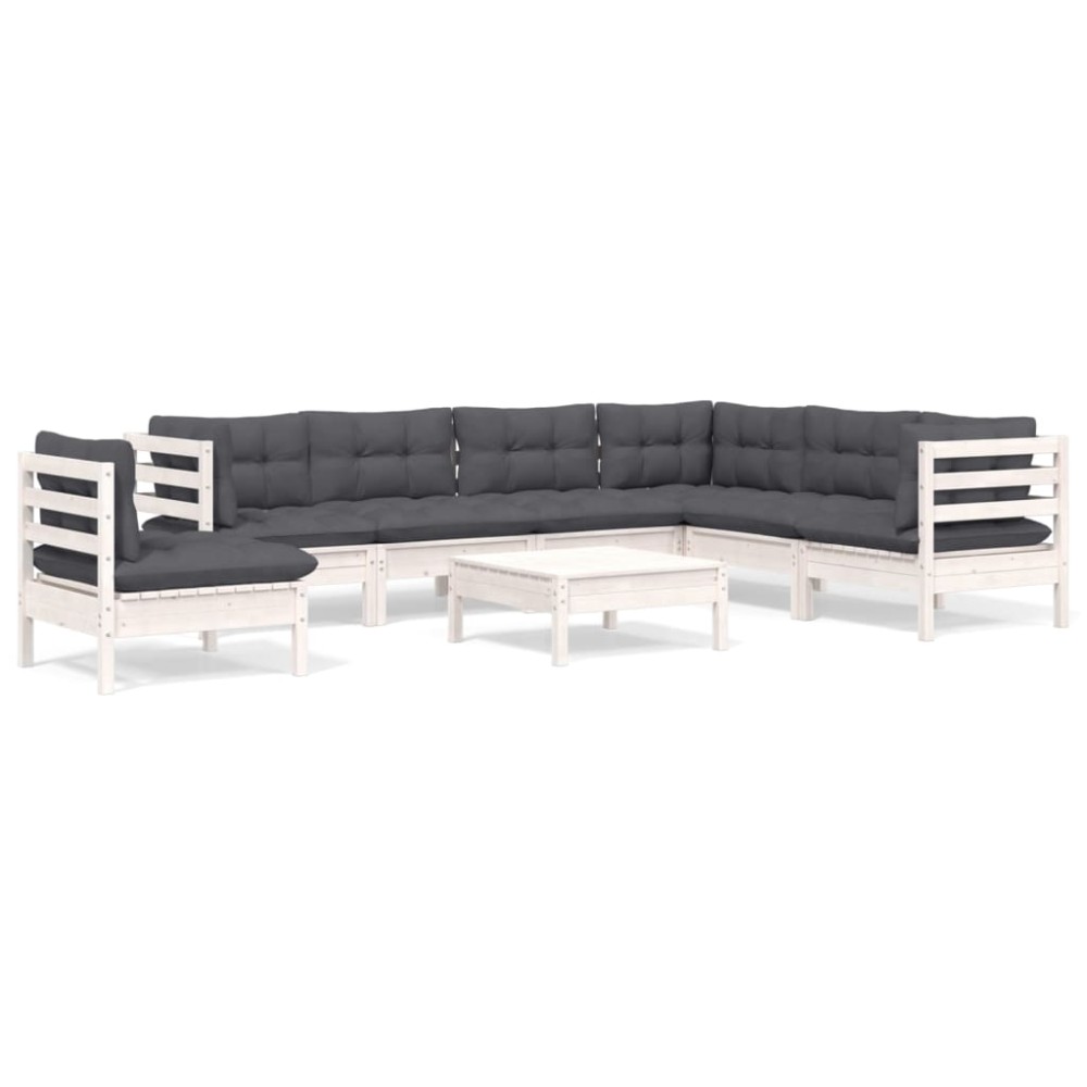 vidaXL Set mobilier de grădină cu perne, 8 piese, alb, lemn masiv pin
