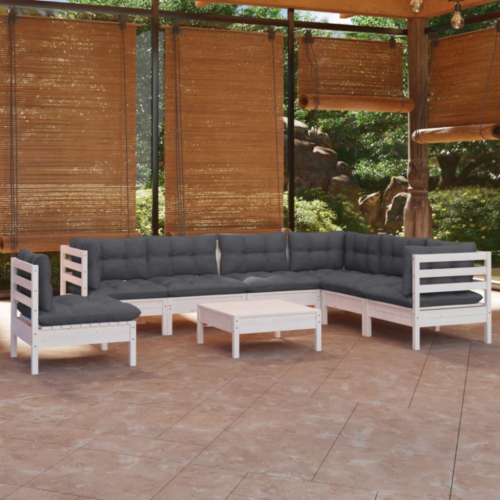 vidaXL Set mobilier de grădină cu perne, 8 piese, alb, lemn masiv pin