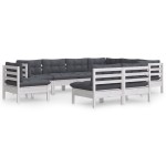 vidaXL Set mobilier de grădină cu perne, 9 piese, alb, lemn masiv pin vidaXL Set mobilier de grădină cu perne, 9 piese, alb, lemn masiv pin