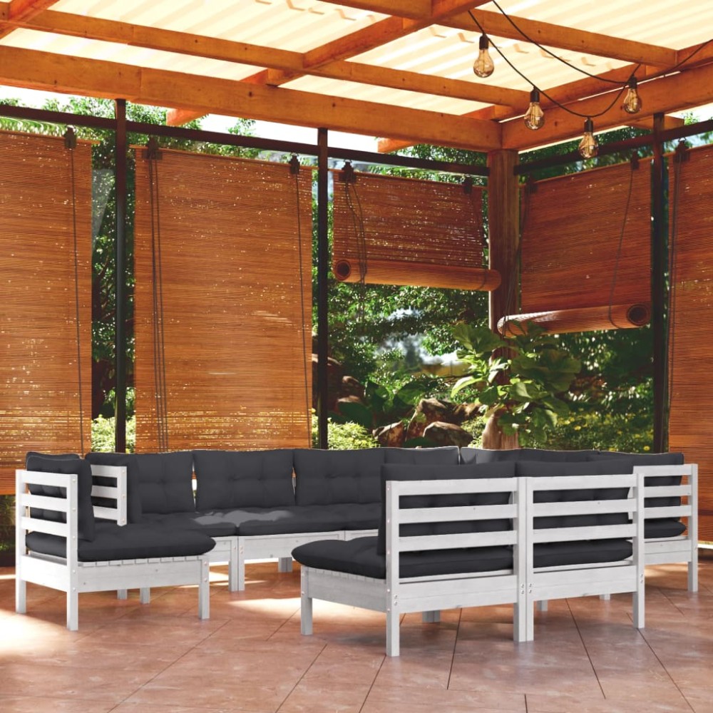 vidaXL Set mobilier de grădină cu perne, 9 piese, alb, lemn masiv pin