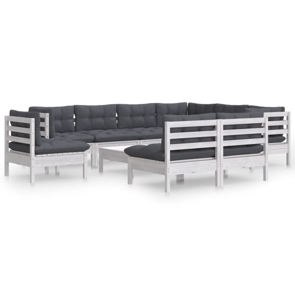vidaXL Set mobilier grădină cu perne, 10 piese, alb, lemn masiv pin
