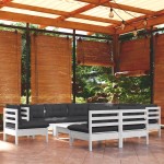 vidaXL Set mobilier grădină cu perne, 10 piese, alb, lemn masiv pin