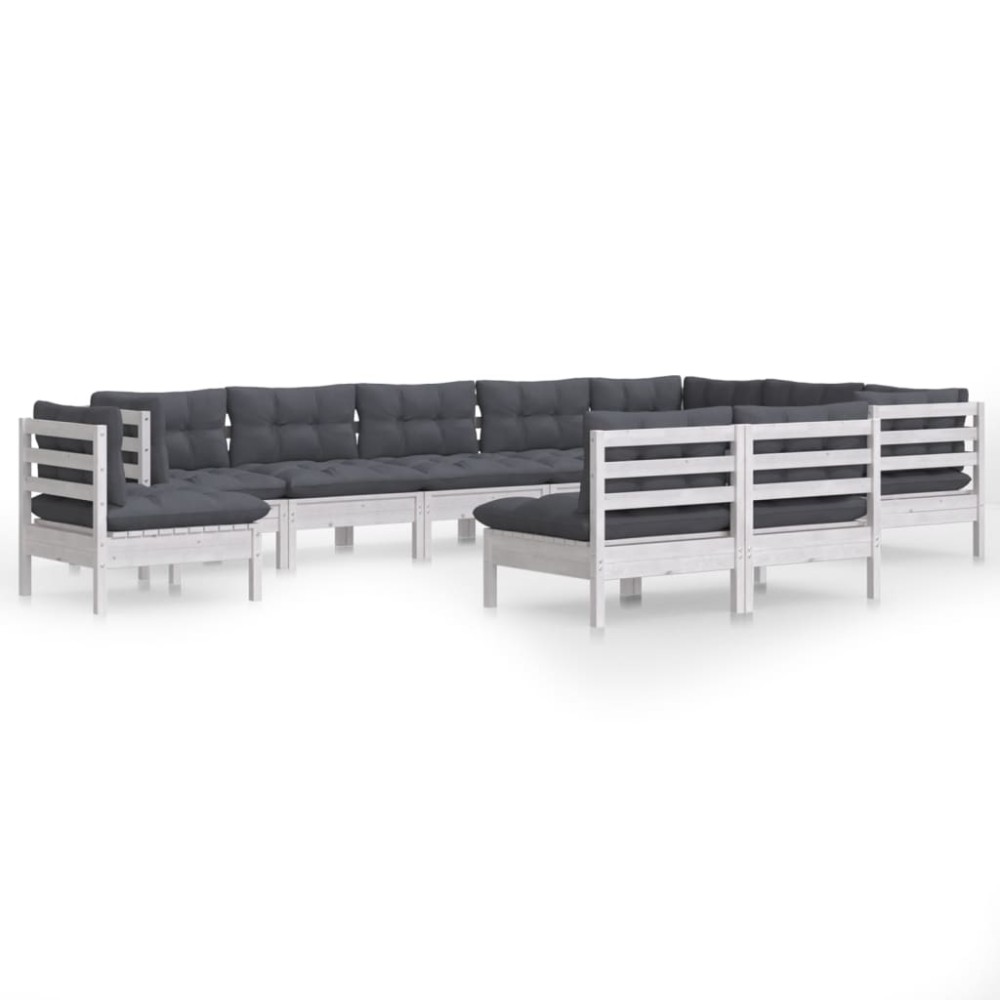 vidaXL Set mobilier grădină cu perne, 10 piese, alb, lemn masiv pin