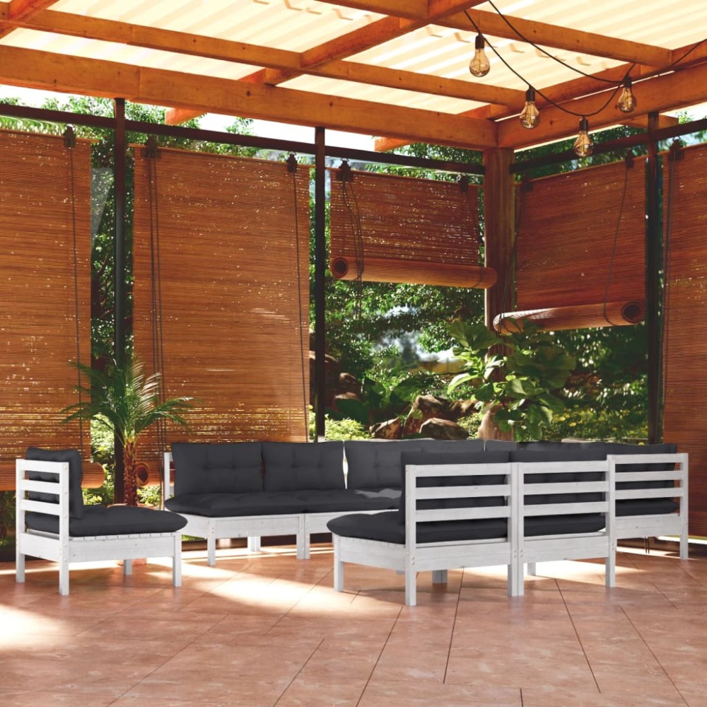 vidaXL Set mobilier grădină cu perne, 10 piese, alb, lemn masiv pin