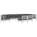 vidaXL Set mobilier grădină cu perne, 10 piese, alb, lemn masiv pin