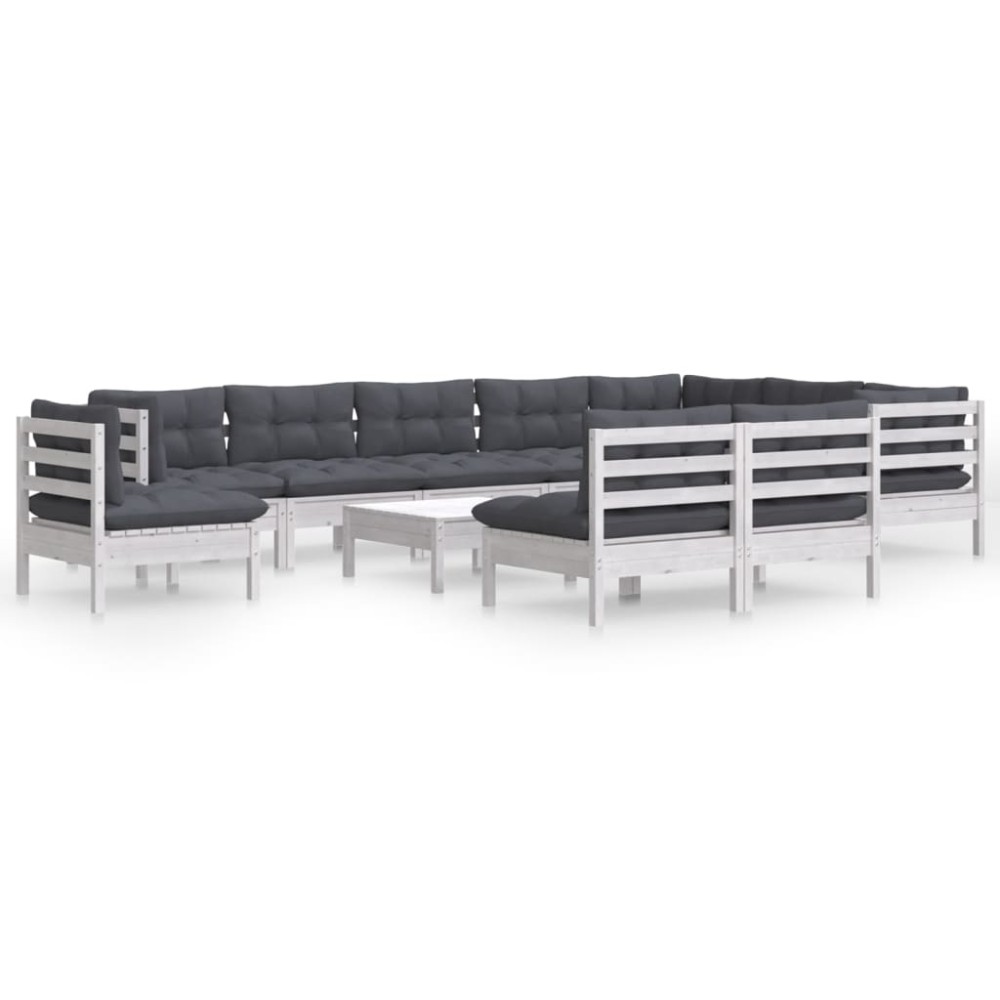 vidaXL Set mobilier grădină cu perne, 11 piese, alb, lemn masiv pin