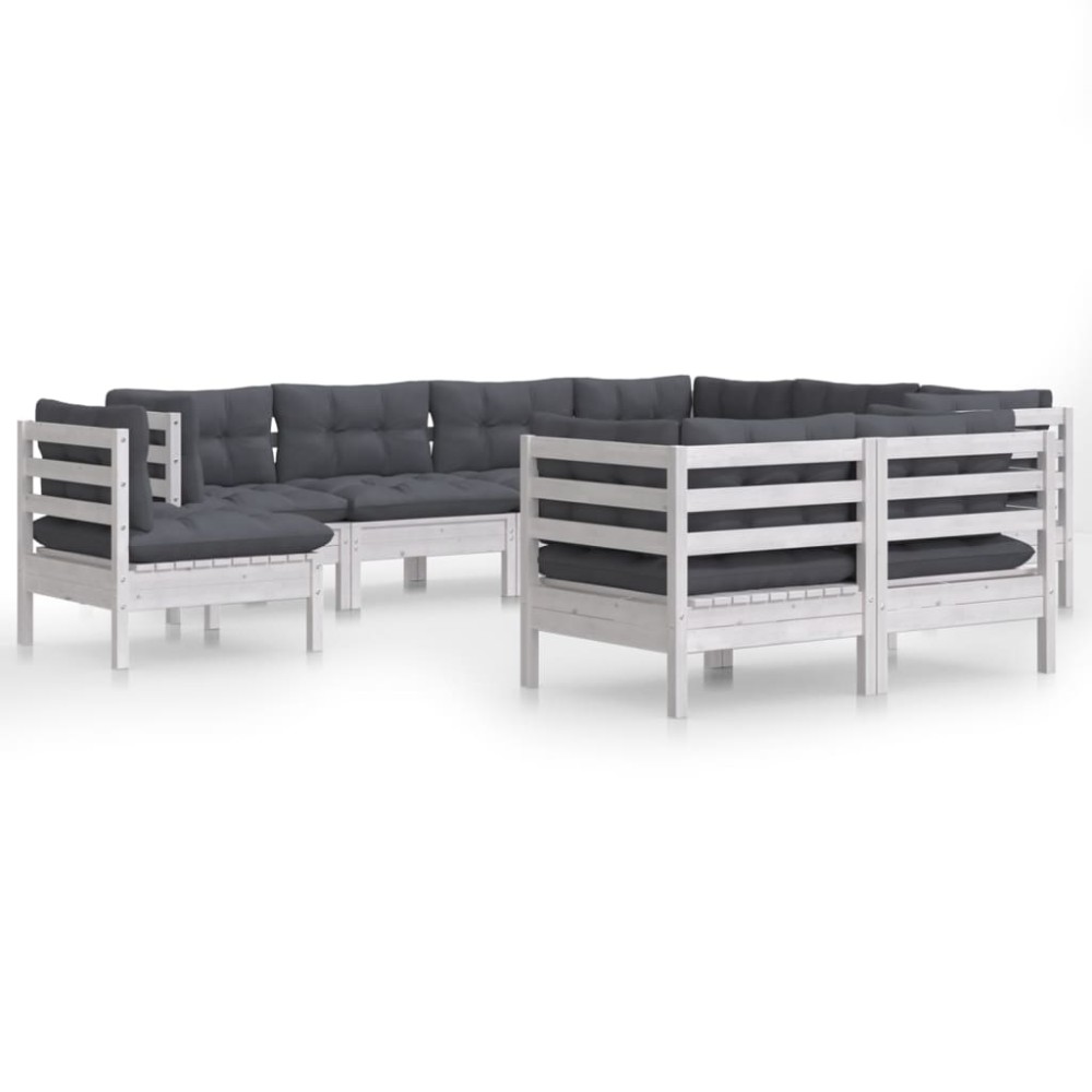 vidaXL Set mobilier de grădină cu perne, 9 piese, alb, lemn masiv pin