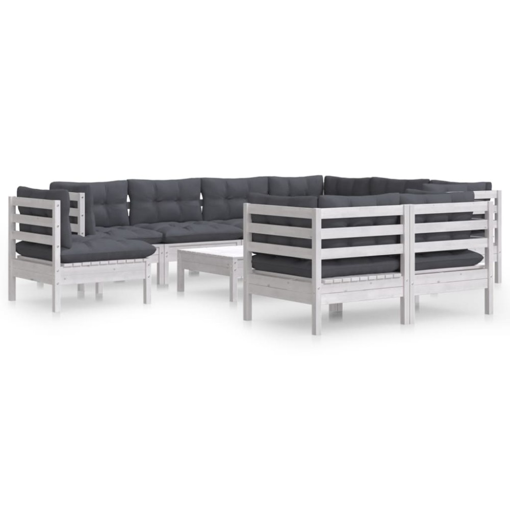 vidaXL Set mobilier grădină cu perne, 10 piese, alb, lemn masiv pin
