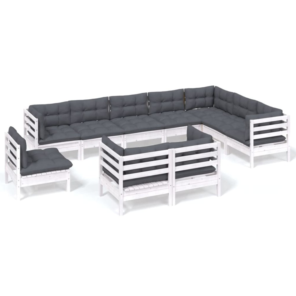 vidaXL Set mobilier grădină cu perne, 10 piese, alb, lemn masiv de pin