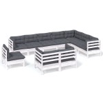vidaXL Set mobilier grădină cu perne, 10 piese, alb, lemn masiv de pin