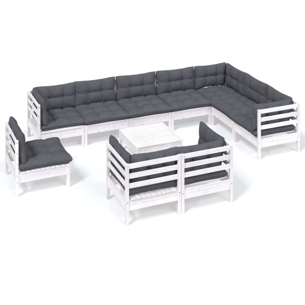 vidaXL Set mobilier grădină cu perne, 11 piese, alb, lemn masiv pin