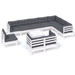 vidaXL Set mobilier grădină cu perne, 11 piese, alb, lemn masiv pin vidaXL Set mobilier grădină cu perne, 11 piese, alb, lemn masiv pin