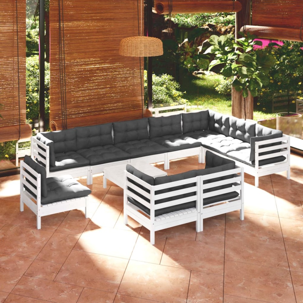 vidaXL Set mobilier grădină cu perne, 11 piese, alb, lemn masiv pin
