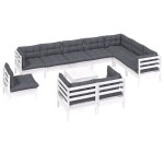 vidaXL Set mobilier grădină cu perne, 11 piese, alb, lemn masiv pin vidaXL Set mobilier grădină cu perne, 11 piese, alb, lemn masiv pin